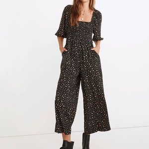 Lucie Elbow-Sleeve Smocked Wide-Leg Jumpsuit in Stem Scatter 00